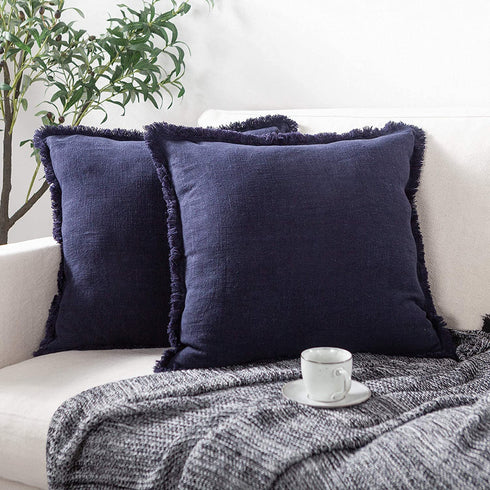 ATLINIA Linen Pillow Cover with Fringes Soft Solid Cushion Cover 20 x 20 Decorative Throw Pillow Cover for Couch Sofa Bed and Outdoor Navy Blue Pillow Cover