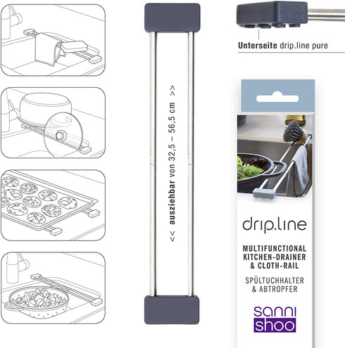 Sanni Shoo drip.line | Drip Tray/Rack, Practical, Multifunctional Kitchen Rack for Storing dishcloths and Brushes hygienically, drip Drying Bottles, extendable, Heat-Resistant (Anthracite, Pure)
