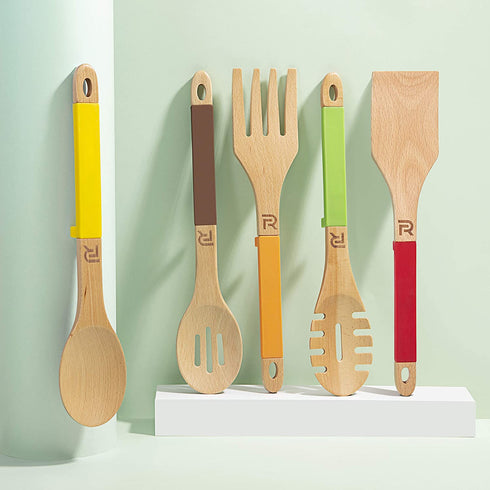 Riveira Wooden Spoons for Cooking Kitchen Cooking Utensils Set 5-Piece Spatula Wood Slotted Spoon Serving Utensil Fork Nonstick Utensils with Silicone Handles for Everyday Use