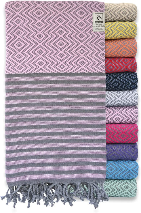 Ray Silver Premium Turkish Beach Towel 100% Cotton-Quick Dry Turkish Bath Towel 71?x40?(100x180 cm)-Prewashed Peshtemal Blanket-Thin Light Weight Travel SPA Pool Bath Beach Gym Pool (Light Pink/Grey)