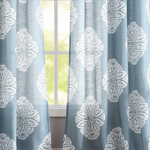 Treatmentex White and Blue Semi-Sheer Curtains for Living Room 84" Floral Medallion Print Window Panels Grommet Top 2 Pc