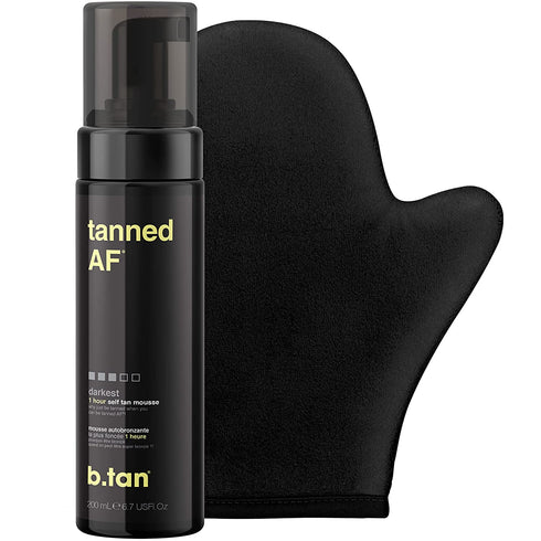 b.tan Dark Self Tanner Kit | Tanned AF Bundle - Dark Self Tanner Mousse with Self Tanning Mitt Applicator, 1 Hour Sunless Tanner, Fast Self Tan, No Fake Tan Smell, No Added Nasties, Vegan, Cruelty Free, 6.7 Fl Oz