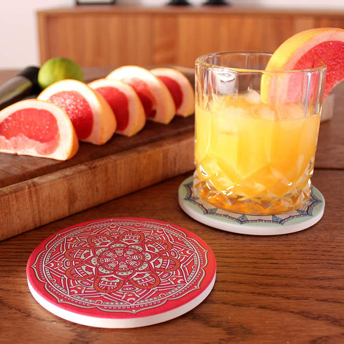 BARVIVO Mandala Ceramic Coasters for Drinks Absorbent Set of 8 with Holder - Quickly Absorbing Condensation - Perfect Drink Coasters for Wooden Table Stain Protection with Scratch Preventing Cork Base