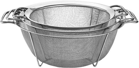 Dicunoy Set of 3 Strainers and Colanders, Stainless Steel Mesh Strainer Basket with Handle, Stackable Mesh Footed Colander for Rinse Food, Fruit, Vegetable, Strain, Drain (2.5/3/5 Quart)