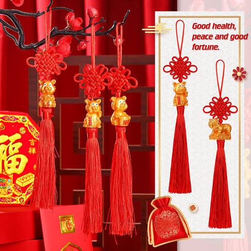 16 Pieces 2022 Chinese New Year Decorations Chinese Knot with New Year Tiger Charm Red Blessing Bag with Fringe Chinese Feng Shui Tiger Tassel for New Year Home Wealth Success Good Luck Success