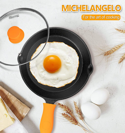 MICHELANGELO Cast Iron Skillet, 8 Inch Cast Iron Skillet With Lid, Preseasoned Small Skillet Oven Safe, Iron Skillets for Cooking with Silicone Handle & Scrapers - 8 Inch