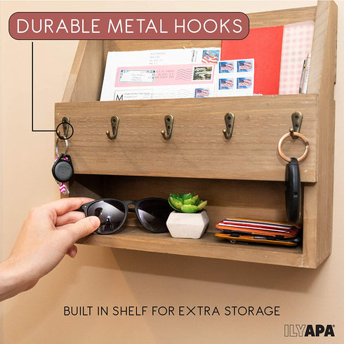 Ilyapa Key and Mail Holder for Wall - Mail Organizer Wall Mount with Shelf - Rustic Barnwood Decorative Wall Key Holder with 5 Metal Hooks
