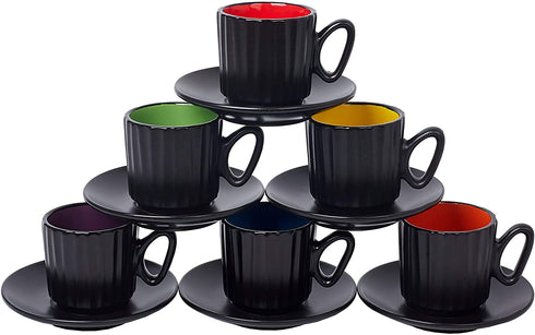 4 Ounce Espresso Set of 6 Cups with Saucers by Bruntmor - Demitasse Cups, Perfect for Espresso, Cappuccino, Coffee Latte (Matte Black)
