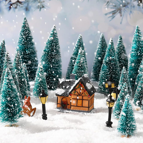 Marsui Christmas Pine Trees Artificial Snow Frost Trees Green Bottle Brush Trees with Christmas Miniature Village House, Mini Street Light, Deer Toys Figure for Christmas Decoration, Set of 30