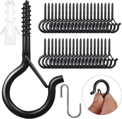 40 Pack Q-Hanger Hooks for Outdoor String Lights,String Light Hooks Cup Hooks Eye Hooks with Safety Buckle,Screw Ceiling Hooks for Hanging Plants Wire Wind Chimes Party,Black.