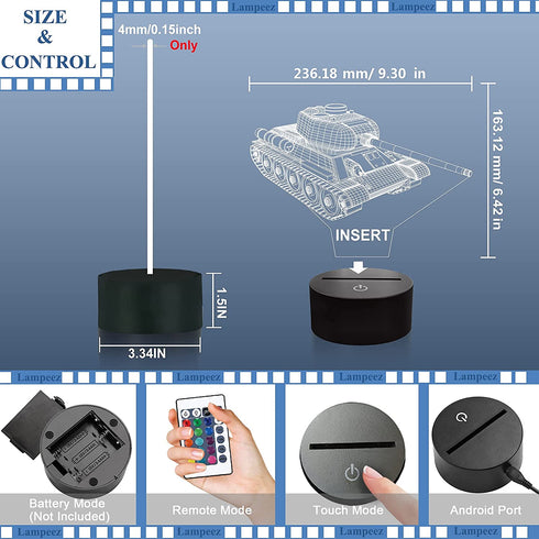 Lampeez Kids Army Tank 3D Night Light Optical Military Vehicles Illusion Lamp with 16 Colors Remote Control Changing Birthday Gift Idea Military Fan