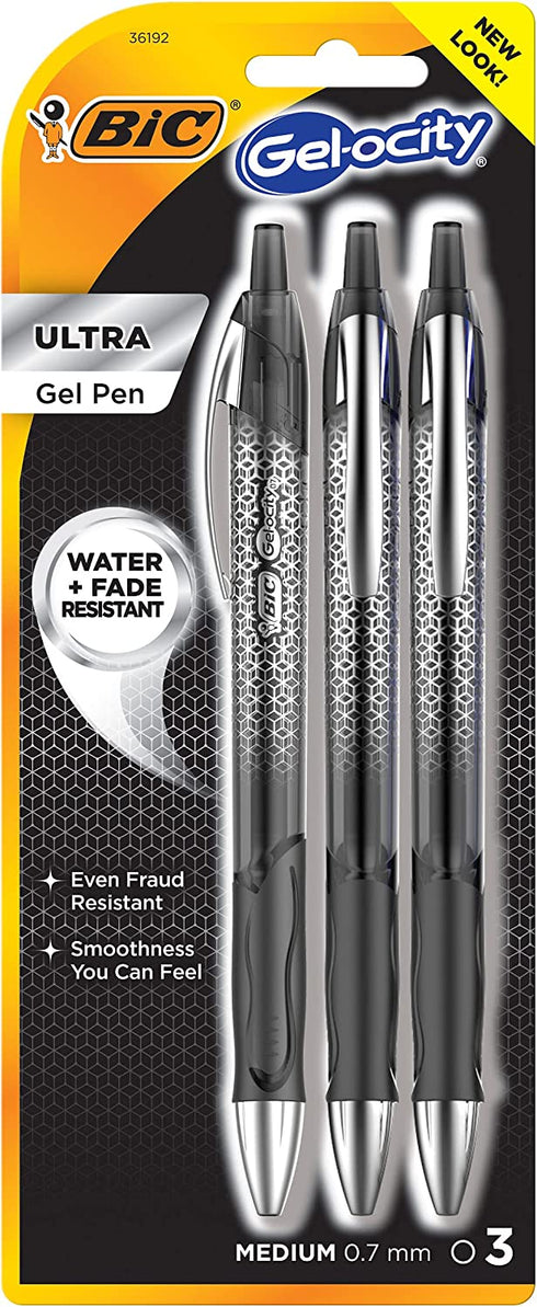 BIC Gel-Ocity Ultra Gel Pens, Medium Point Retracable (0.7mm), Black Ink Gel Pen, 3-Count