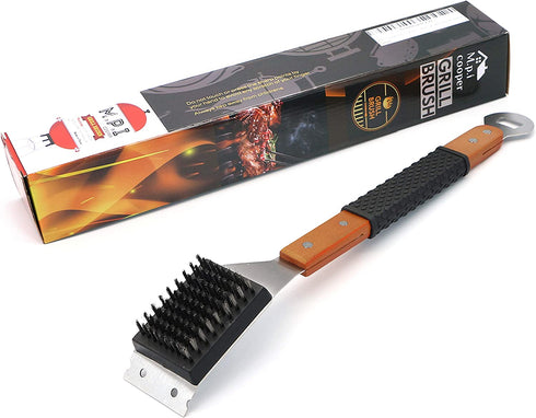 M.P.I cooper Grill Cleaning Brush and Scraper, Best BBQ Wire Bristles Brush for Grill Cleaning, Long Wooden Rubber Handle for Comfortable Safe and Strong Grip with Bottle Opener Tool