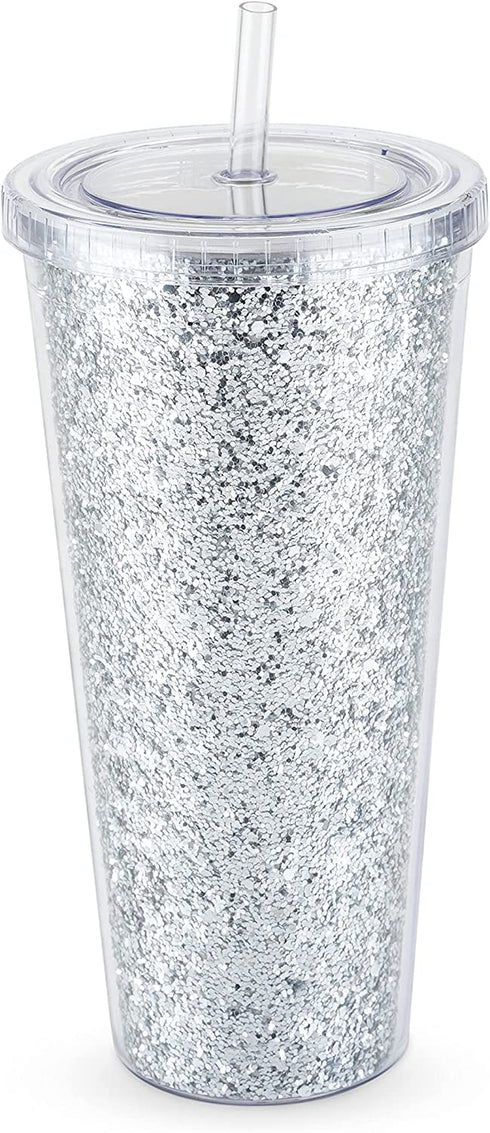 Blush Glam Silver Double Walled Glitter 24oz Tumbler Reusable Leak-Proof, Travel, Clear Plastic, Slim, Iced Coffee Cup with Silicone Seal, Screw-On-Lid, and Straw, 1 Count (Pack of 1)