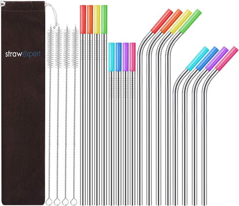 StrawExpert Set of 16 Reusable Stainless Steel Straws with Travel Case Cleaning Brush Silicone Tips Eco Friendly Extra Long Metal Straws Drinking for 20 24 30 oz Tumbler