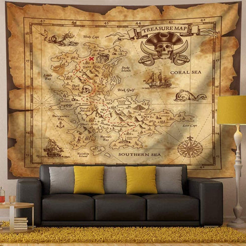 QCWN Pirate Map Tapestry, Treasure Map Tapestry, Island Treasure Map Nautical Wall Tapestry,Tapestry for Men,Halloween Map Tapestry Room Decor for Men,Pirate Decor,Birthday Party.
