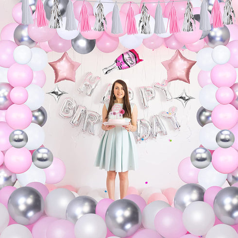 Pink Birthday Decorations - Pink Party Decorations with Happy Birthday banner, Tissue Paper Pom, Tassel Ribbon, Champagne Balloon, Birthday Party Decorations for Girls Women