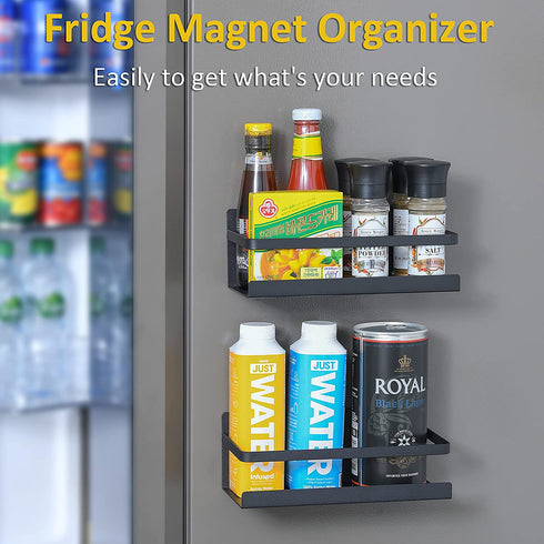 Wetheny Fridge Magnet Organizer Magnetic Spice Rack with Four Removable Hook Refrigerator Shelf Rack Black (2 Pack)