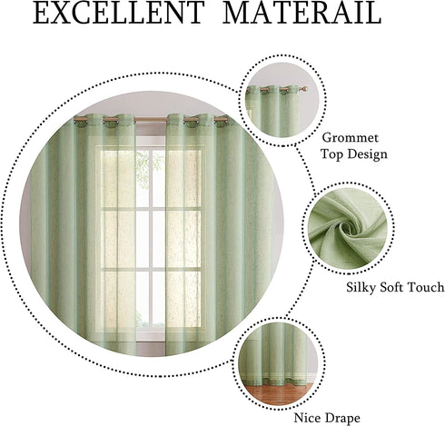 Green Linen Sheer Curtain Panel Pairs with Grommets/Eyelets Rustic Window Drape Treament Decoration for Living Room Bedroom Farmhouse, 54x63 Inch, 2 Panels, Sage