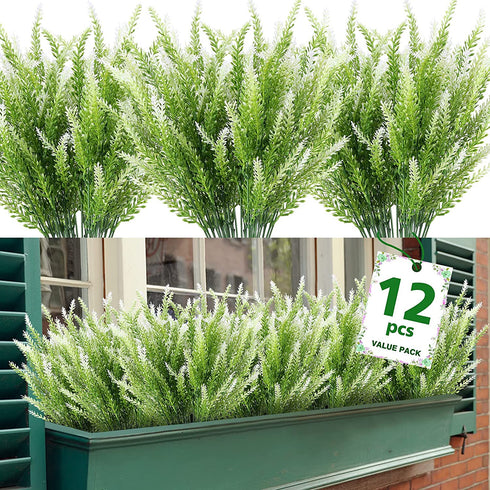 Artificial Lavender Flowers 12 Bundles Outdoor UV Resistant Fake Flowers No Fade Faux Plastic Plants Garden Porch Window Box Decorating (White)