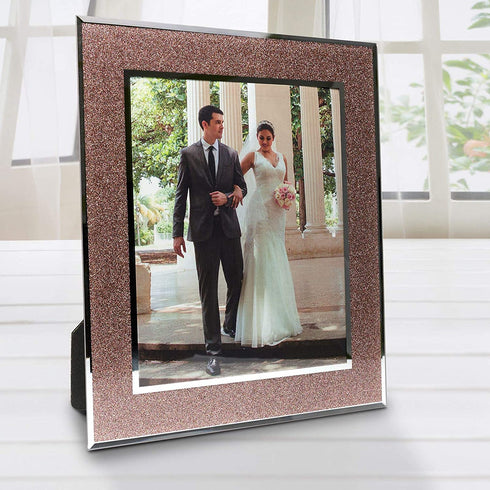 EXCELLO GLOBAL PRODUCTS Decorative Picture Frame 8"x10" Photo Holder with Shimmering Rose Gold Glitter Border. Use Standing with Included Easel or Ready to Hang.