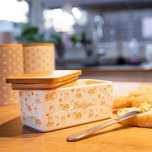 Lumicook porcelain butter dish with lid, Natural bamboo lid, seal included for airtight butter dish, butter holder easily fits 2 sticks of butter