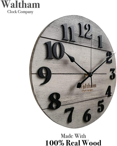 Waltham Real Wood Wall Clock, 12 inch, Battery Operated, Grey Finish - Made from Real Wood not Particle Board or MDF- 100% Real Wood!