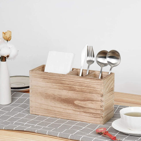Heightened Wooden Silverware Caddy, 4 Adjustable Smart Compartments Utensil Holder, Great Flatware Caddy- Ideal for Kitchen, Dining, Home Party, Buffet, and More