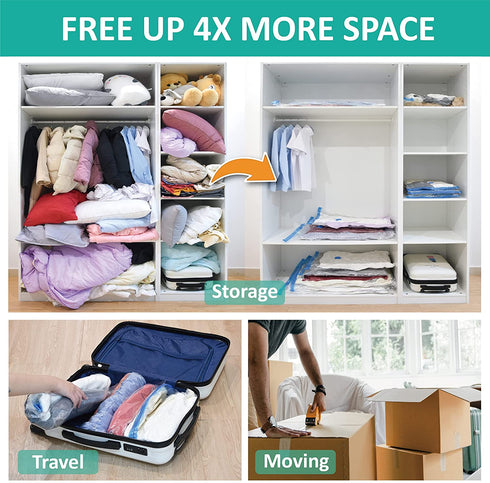 16 Pack Vacuum Storage Bags, Space Saver Bags (2 Jumbo/2 Large/3 Medium/3 Small/6 Roll) Compression Storage Bags for Comforters and Blankets, Vacuum Sealer Bags for Clothes Storage, Hand Pump Included