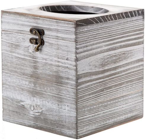 Distressed Farmhouse Square Solid Wood Tissue Box Cover with Slide-Out Bottom Panel Honey Brown Tissue Box Holder for Bathroom Living Room Dining Room Bedroom Toilet (Grey White)