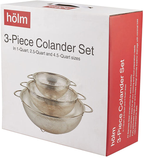 HLM 3-Piece Stainless Steel Mesh Micro-Perforated Strainer Colander Set (1-Quart, 2.5-Quart and 4.5-Quart)