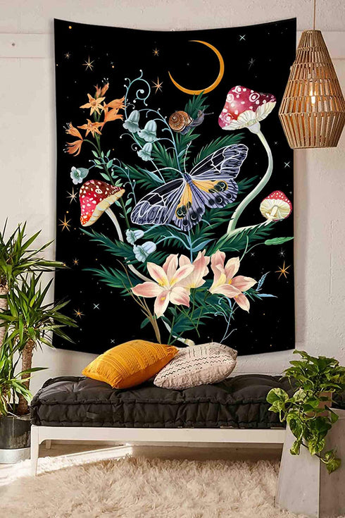 Fowocu Butterfly and Flower Vertical Tapestry Wall Hanging, Moon and Stars Floral Tapestries, Black Wildflower Aesthetic Tarot Wall Tapestry for Bedroom Dorm Living Room (Black, 44'' × 60'')