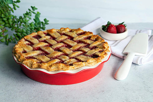 Pie Dish, by Kook, Round Pie Pan/Plate, Deep Dish, Ruffled Wave Edge, for Kitchen Cooking/Baking Dessert Dinner, 10-Inch Ceramic make, 42oz (Cherry)