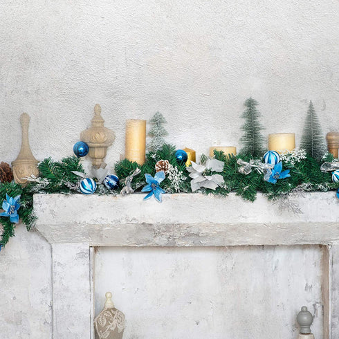 FUNARTY 6 Feet Christmas Garland with 30 Lights, Battery Operated Lighted Garland, Artificial Prelit Christmas Garlands with Blue and Silver Ornaments for Mantle Xmas Holiday Fireplace Decoration
