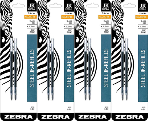 Zebra G-402 Stainless Steel Pen JK-Refill, Fine Point, 0.5mm, Black Ink, 8-Count