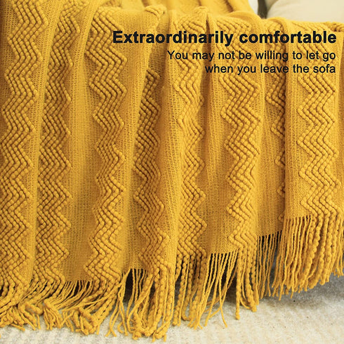 JibHome Knitted Throw Blankets for Couch and Bed, Soft Cozy Knit Blanket with Tassel, Yellow Lightweight Decorative Blankets and Throws, Farmhouse Warm Woven Blanket for Men and Women(Yellow)