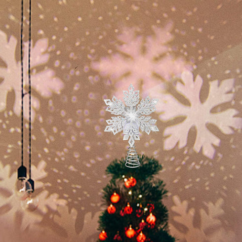 Afirst Christmas Tree Topper Lighted Snowflake with LED Rotating Snowflake Projector Lights 11.4 inches 2-in-1 Silver Glittered Xmas Tree Decoration