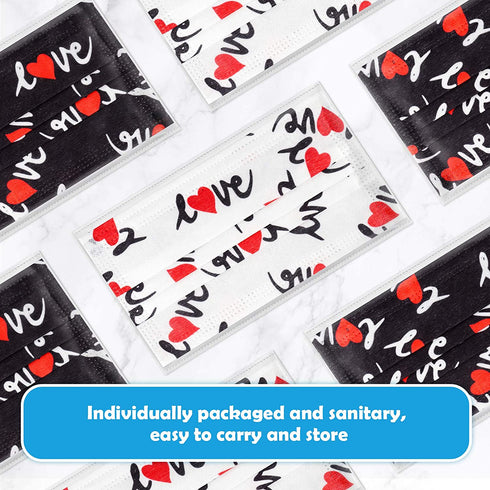 60PCS Disposable Fashion Face Masks Love Heart Print Valentine's Day Stylish Gift Unisex 3-Ply Covering Individually Packed for Adult Man Women