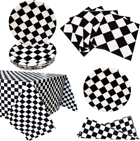 Black and White Checkered Racecar Themed Birthday Party Cake Plates Napkins and Tablecloth Children's Birthday Party Decorations for Boys Girls (Serves 20)