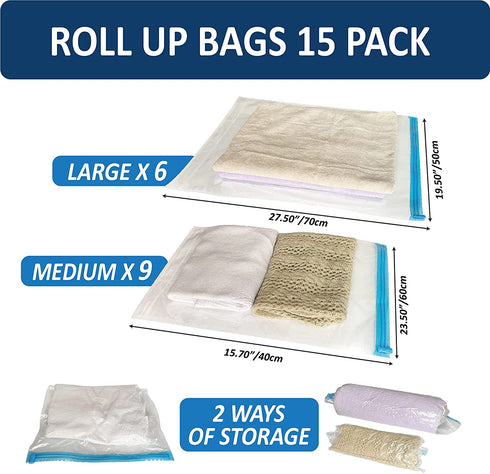 15 Compression Bags for Travel, Roll Up Space Saver Bags for Travel, Saves 80% of Storage Space, Travel Compression Bags for Packing & Clothes, No Pump or Vacuum Needed