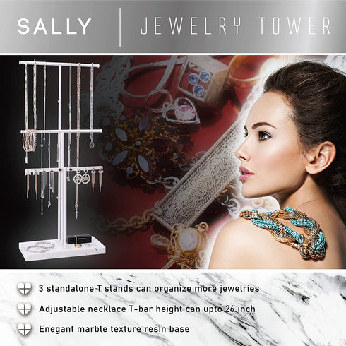LKKL Jewelry Organizer Stand with Adjustable Extra Long Tier, 3-Tier Jewelry Holder Stand with Resin Tray, Necklace Holder, Jewelry Tree, Jewelry Tower For Earrings, Long Necklaces, Bracelets and Rings- White