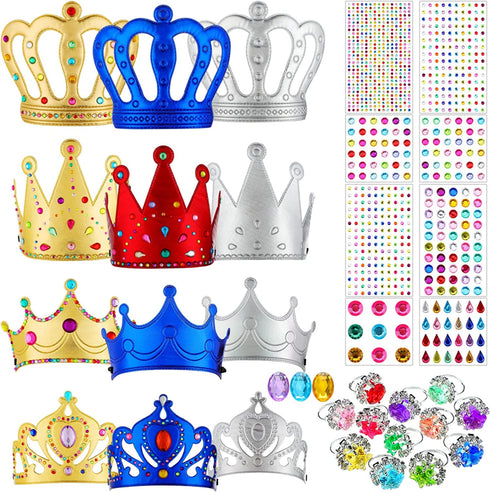 12 Pieces Foam Princess Tiaras Foam Crown Craft with 928 Pieces Gem Stickers Jewels Stickers 12 Gem Rings Party Favors