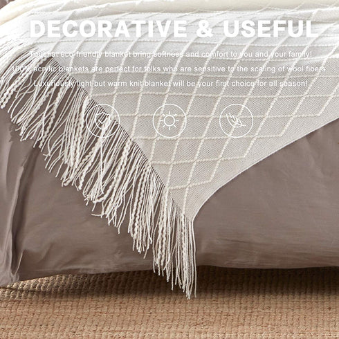 TOUCHAT Knitted Throw Blankets for Couch, Sofa and Bed, Lightweight Soft Knit Blanket with Tassel, Decorative Cozy Farmhouse Throw Blankets for Women and Man (50"x60", Cream White-D)