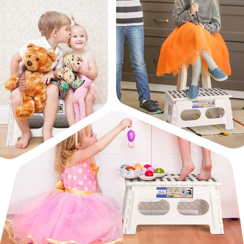 ACSTEP Folding Step Stool - 9" Height 15" Wide Foldable Stepping Stool Sturdy Holds Up to 300 lbs, Safer and Non Slip Foldable Step Stool for Kids - Enough to Support Adults (White)
