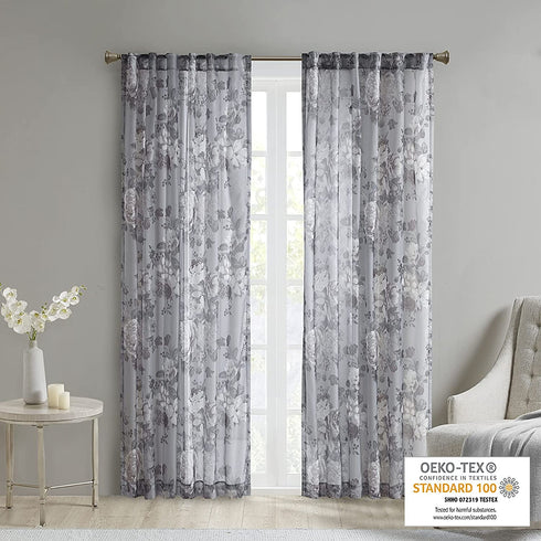 Madison Park Simone Floral Design Sheer Single Window Curtain Voile Privacy Drape for Bedroom, Livingroom, 50" x 95", Backtab Panel, Grey