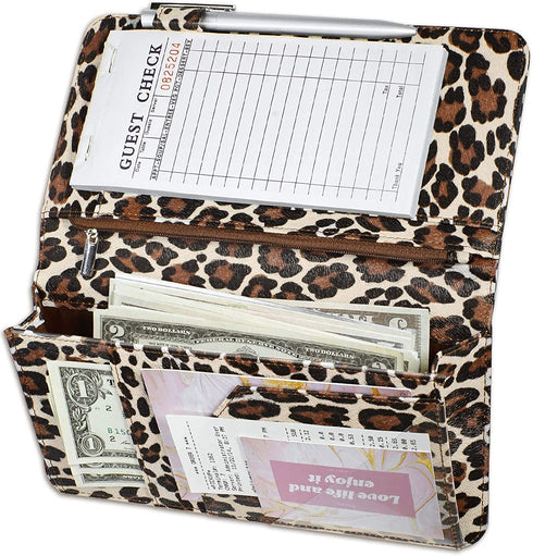 Zreal Server Book for Waitress, 5 X 9 Leopard Serving Books with Zipper Pouch, Magnetic Closure Pocket with High Volume, Cute Waitress Book Organizer with Money Pocket Fit Server Apron (Light Leopard)