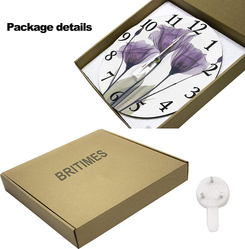Britimes Round Wall Clock, Silent Non Ticking Clock 12 Inch, Decor for Bathroom, Bedroom, Kitchen, Office or School Purple Tulip
