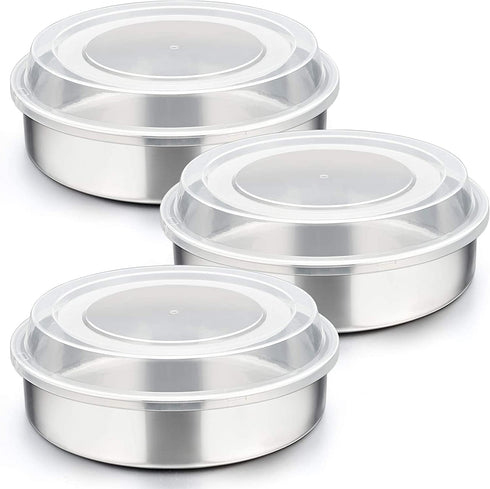 8-inch Cake Pan with Lid Set (3 Pans + 3 Lids), P&P CHEF Stainless Steel Round Baking Pan for Picnic Wedding Birthday, Leakproof Pan & Raised Plastic Lid, Healthy & Non-toxic, Dishwasher Safe