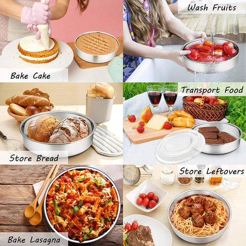 8-inch Cake Pan with Lid Set (3 Pans + 3 Lids), P&P CHEF Stainless Steel Round Baking Pan for Picnic Wedding Birthday, Leakproof Pan & Raised Plastic Lid, Healthy & Non-toxic, Dishwasher Safe