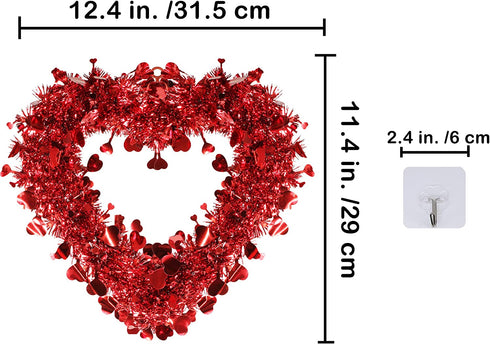 Winlyn 3 Pack Red Valentine Heart Wreaths Tinsel Heart Shaped Wreaths with Foil Hearts Hanging Valentine's Day Wreaths Decorations for Wedding Birthday Party Front Door Wall Window Mantel D©cor